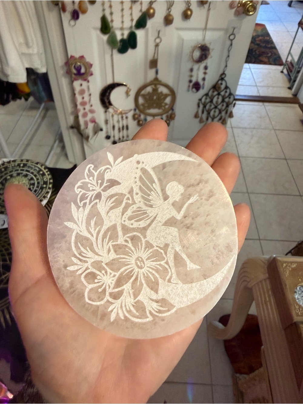 Engraved Fairy on Moon selenite Charging Plate